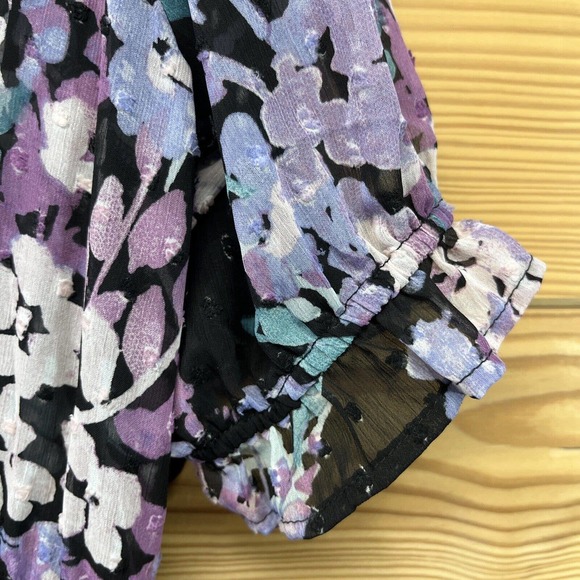 Torrid 1 Ruffle Kimono Shirt Floral Swiss Dot Black Purple SS Sheer boho B84 - Picture 13 of 16